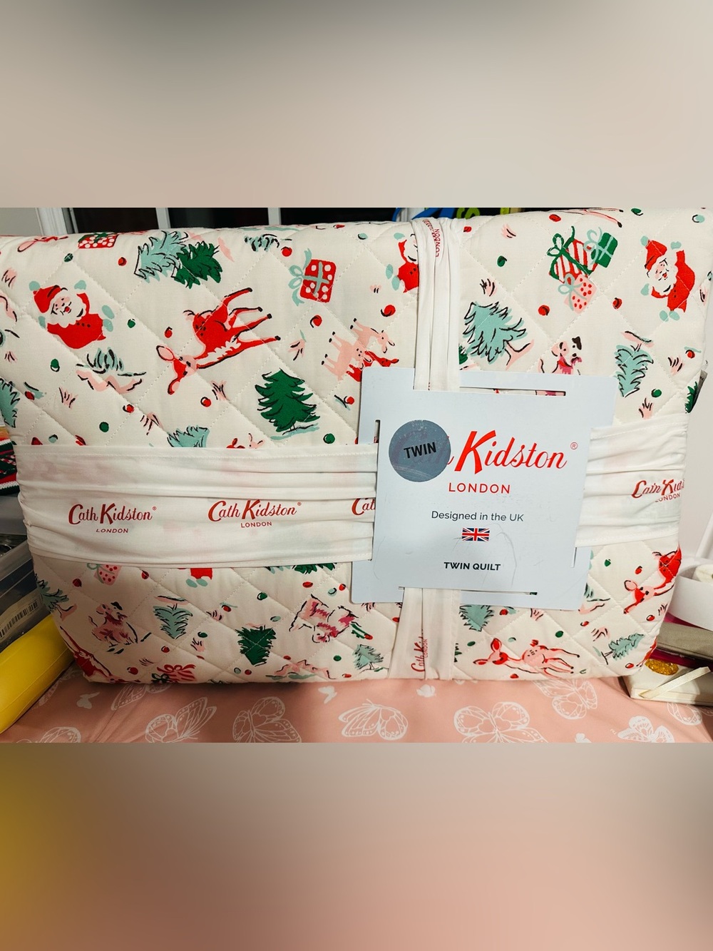 New Cath Kidston Kids' Twin Quilt - White with Red & Green Holiday Print